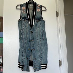 Denim Sleeveless Dress with Floral Embroidery